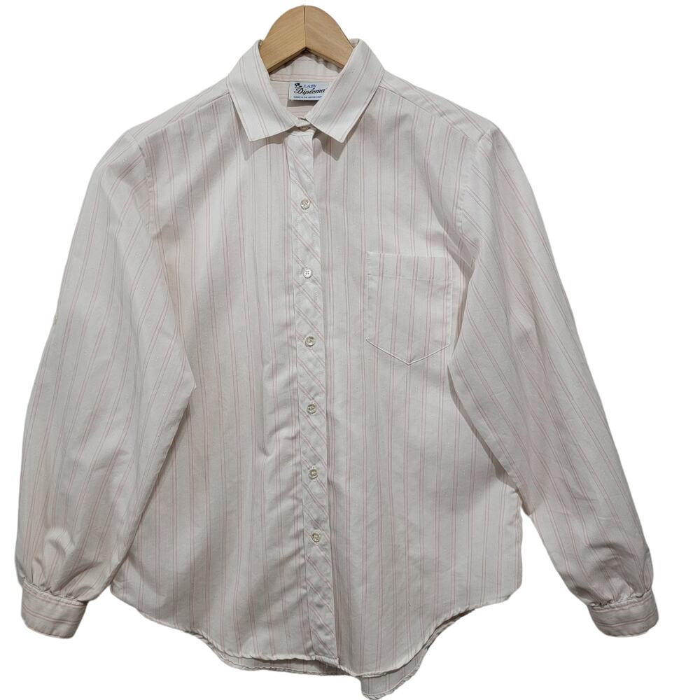 VTG Lady Diplomat Womens Striped Pink White Button Front Shirt Roll Tabs Size 14